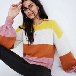 MADEWELL Striped Gladwell Balloon-Sleeve Pullover Sweater in Heather Mulberry